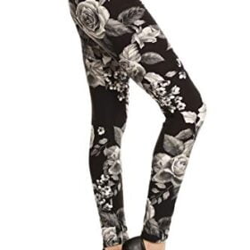 Leggings Depot High Waisted Floral & Space Print Leggings for Women-Full Length-R603, Charcoal Rose, Plus Size